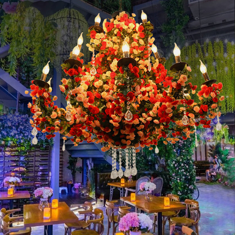 Nash - Red Candle Restaurant Flower Chandelier Light Industrial Metal 15 Bulbs Red LED Pendant Lighting with Crystal Accent
