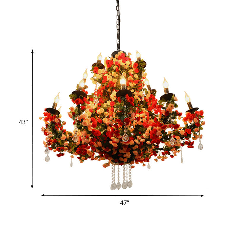 Nash - Red Candle Restaurant Flower Chandelier Light Industrial Metal 15 Bulbs Red LED Pendant Lighting with Crystal Accent