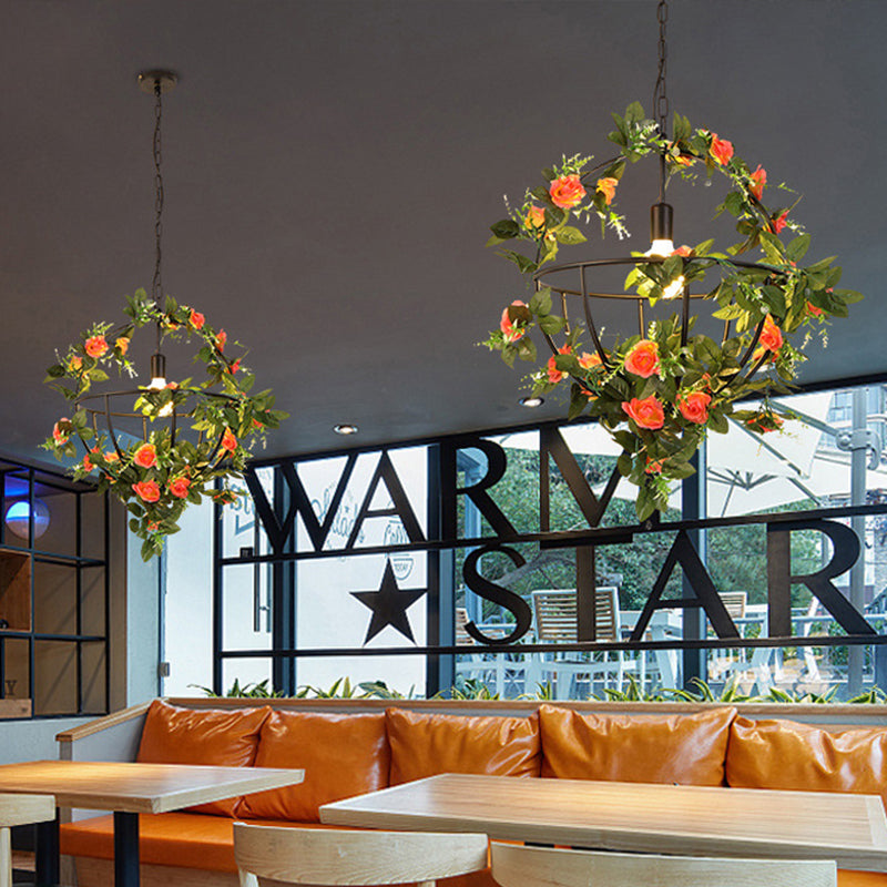 Luminaire suspendu industriel en métal vert - Kit de lampe suspendue à LED avec design globe et décor floral - Parfait pour les restaurants