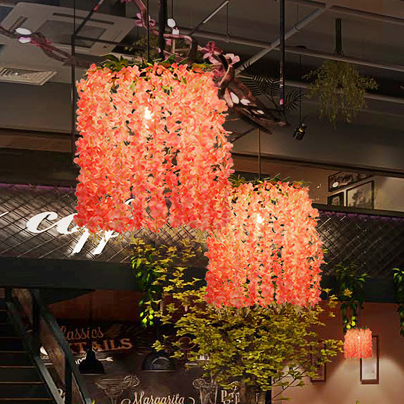 Antique Floral Metal Pendant Restaurant Light in Pink with LED