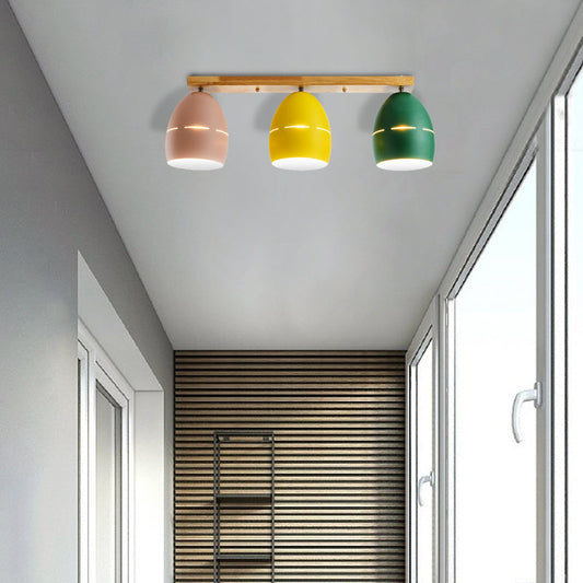 Nordic Wood Finish Linear Semi-Flushmount Light: 3 Lights and Oval Metal Shade