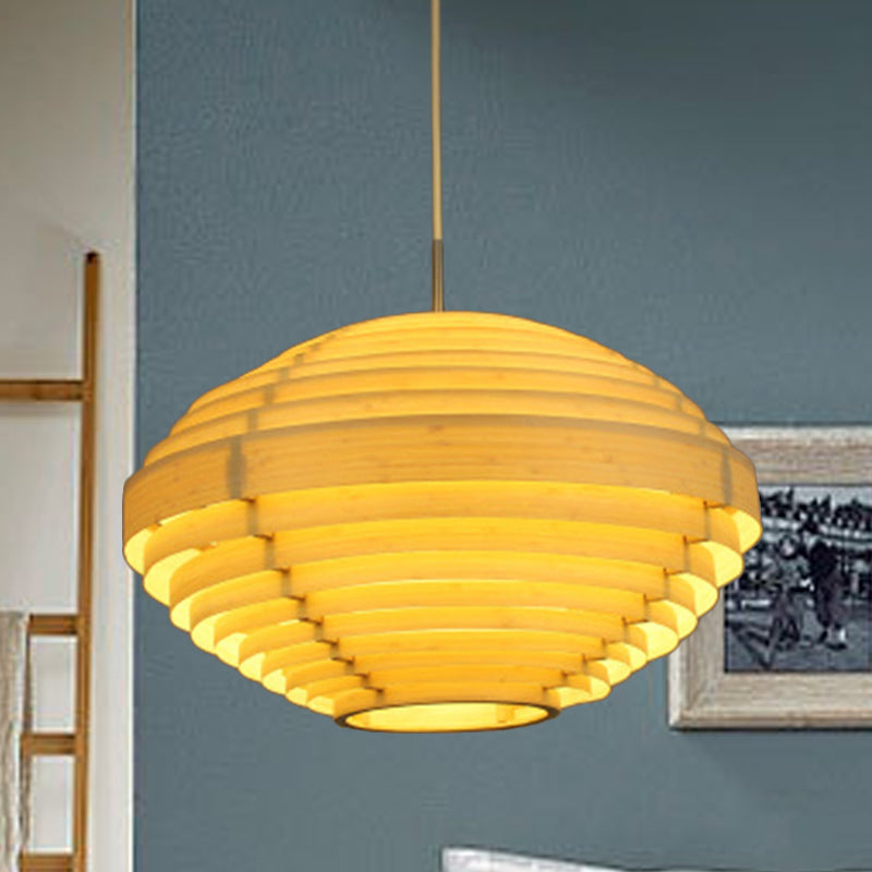 Asia Ceiling Lantern: Beige Wood Hanging Light Fixture For Living Room (1 Bulb)