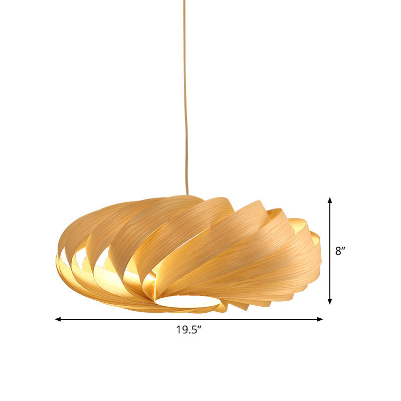 Japanese Swirl Wood Pendant Lighting - 1 Head Beige Ceiling Suspension Lamp For Restaurants