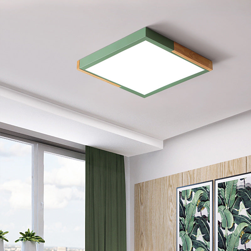 Nordic Metal Spliced Square Flush Mount Light - LED Ceiling Lighting in Green/White/Black-Wood Finish, 16"/19.5" Wide