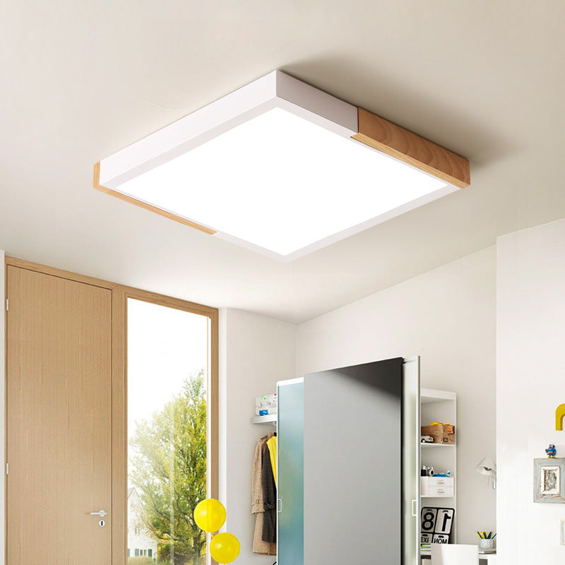 Nordic Metal Spliced Square Flush Mount Light - LED Ceiling Lighting in Green/White/Black-Wood Finish, 16"/19.5" Wide
