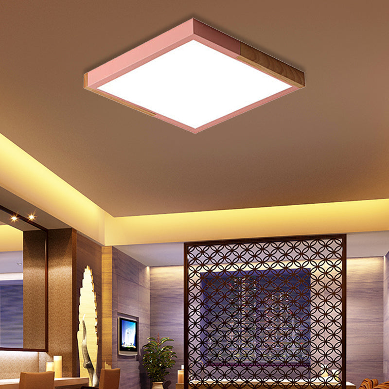 Nordic Metal Spliced Square Flush Mount Light - LED Ceiling Lighting in Green/White/Black-Wood Finish, 16"/19.5" Wide