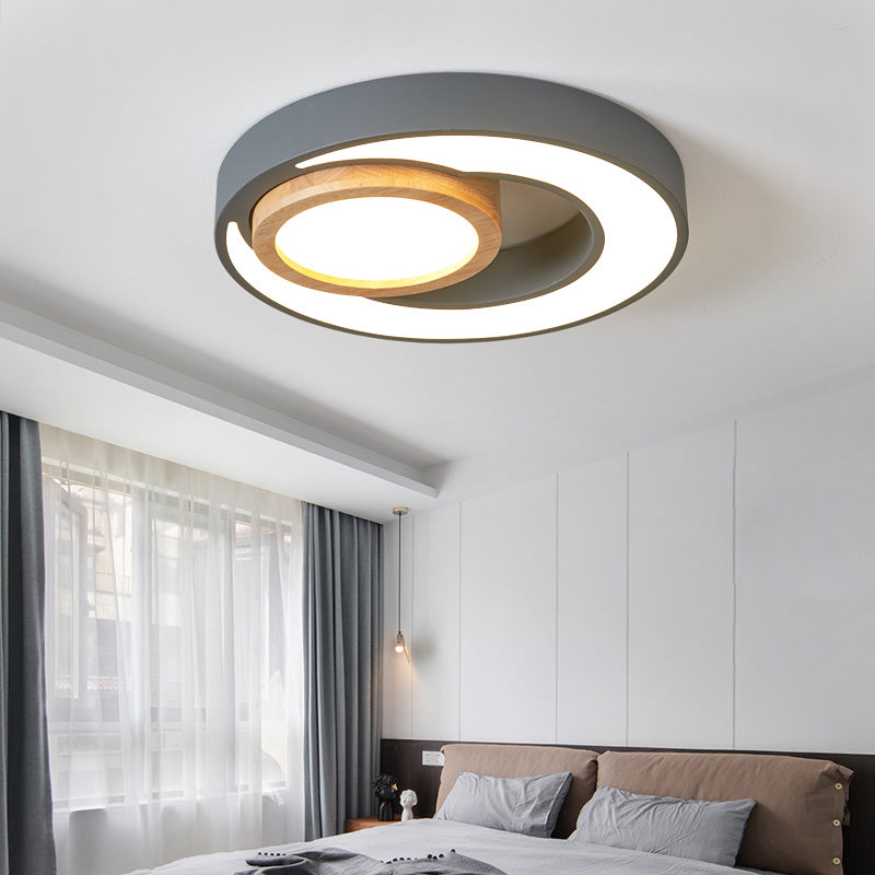 Nordic Green/White/Grey-Wood LED Flush Mount Ceiling Light with Acrylic Double Circles
