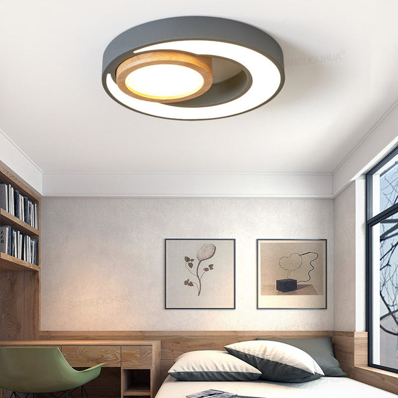 Nordic Green/White/Grey-Wood LED Flush Mount Ceiling Light with Acrylic Double Circles