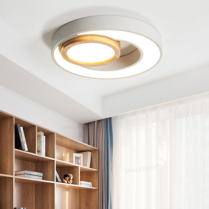 Nordic Green/White/Grey-Wood LED Flush Mount Ceiling Light with Acrylic Double Circles