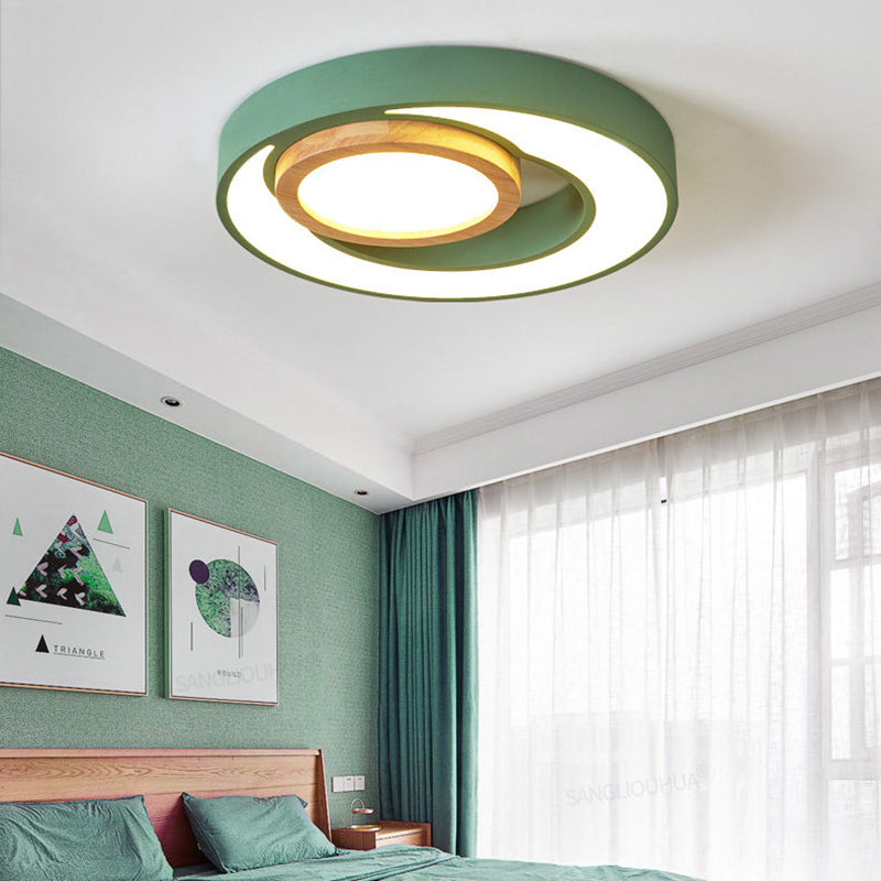Nordic Green/White/Grey-Wood LED Flush Mount Ceiling Light with Acrylic Double Circles