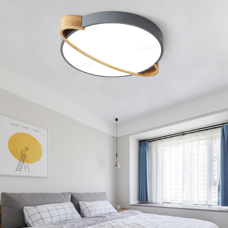 Nordic Acrylic Ceiling Mount Lamp with LED Flushmount Lighting in White/Green/Grey, Oval Wood Insert (16"/19.5"/23.5" W)