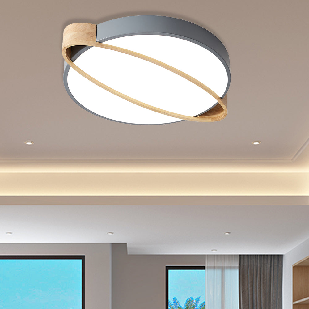 Nordic Acrylic Ceiling Mount Lamp with LED Flushmount Lighting in White/Green/Grey, Oval Wood Insert (16"/19.5"/23.5" W)
