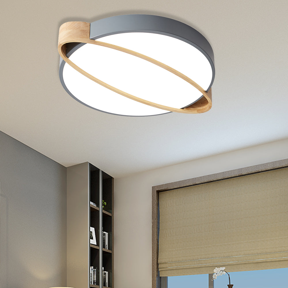 Nordic Acrylic Ceiling Mount Lamp with LED Flushmount Lighting in White/Green/Grey, Oval Wood Insert (16"/19.5"/23.5" W)