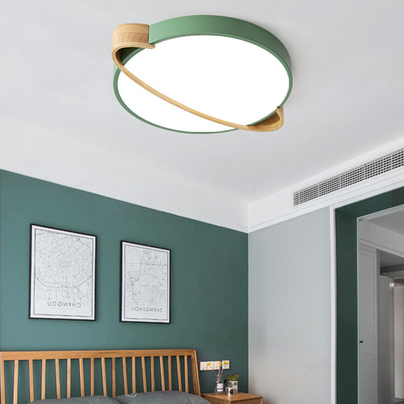 Nordic Acrylic Ceiling Mount Lamp with LED Flushmount Lighting in White/Green/Grey, Oval Wood Insert (16"/19.5"/23.5" W)