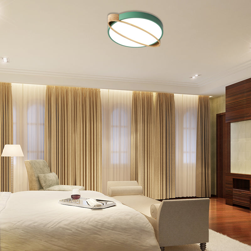 Nordic Acrylic Ceiling Mount Lamp with LED Flushmount Lighting in White/Green/Grey, Oval Wood Insert (16"/19.5"/23.5" W)