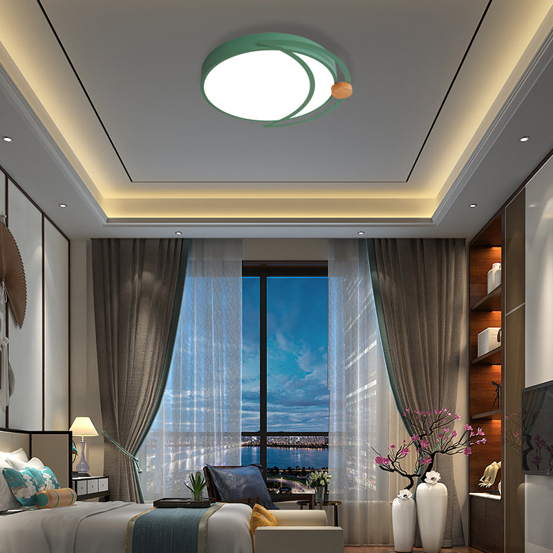 Modern Moon Eclipse LED Bedroom Flush Mount Ceiling Light in Grey/White/Green with Wood Accent