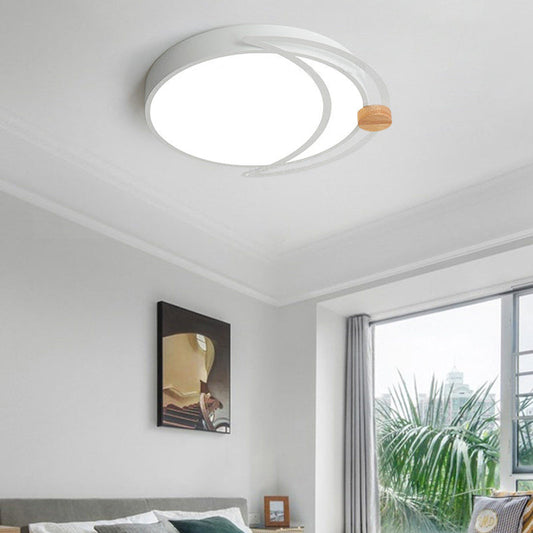 Modern Moon Eclipse LED Bedroom Flush Mount Ceiling Light in Grey/White/Green with Wood Accent