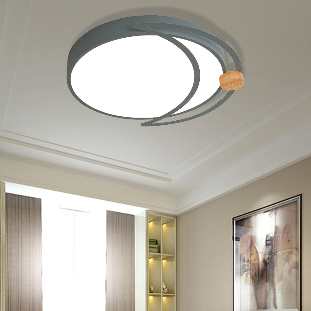 Modern Moon Eclipse LED Bedroom Flush Mount Ceiling Light in Grey/White/Green with Wood Accent