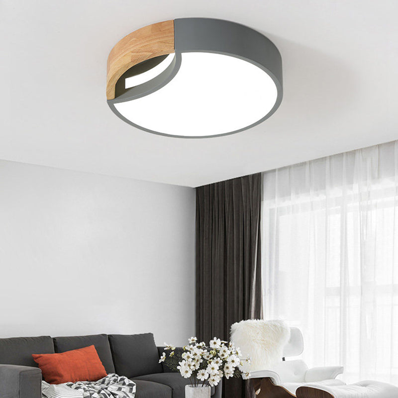 Nordic Iron Grey/White/Green LED Ceiling Light with Wood Grip - 12"/16"/19.5" Wide