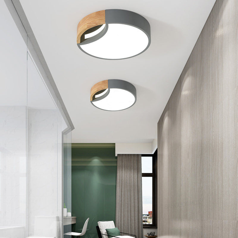 Nordic Iron Grey/White/Green LED Ceiling Light with Wood Grip - 12"/16"/19.5" Wide
