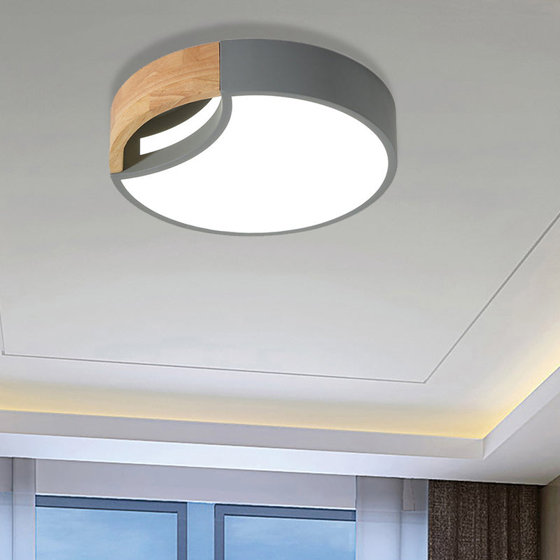 Nordic Iron Grey/White/Green LED Ceiling Light with Wood Grip - 12"/16"/19.5" Wide