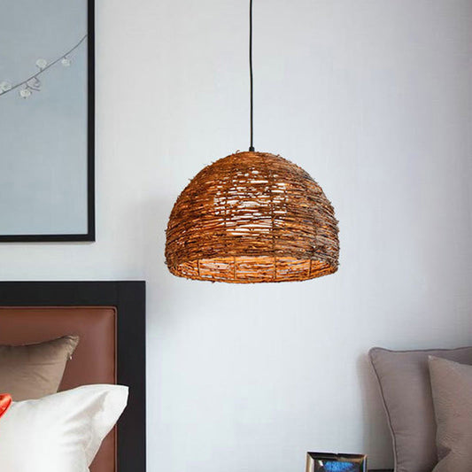 Chinese Style Rattan Ceiling Lamp With White Glass Shade - Brown 1 Bulb Hanging Fixture