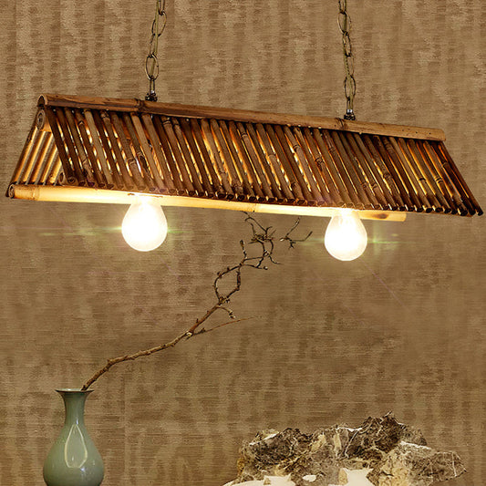 Chinese Bamboo Triangular Island Light - Brown Pendant Lighting Fixture With 2 Heads For Tearoom
