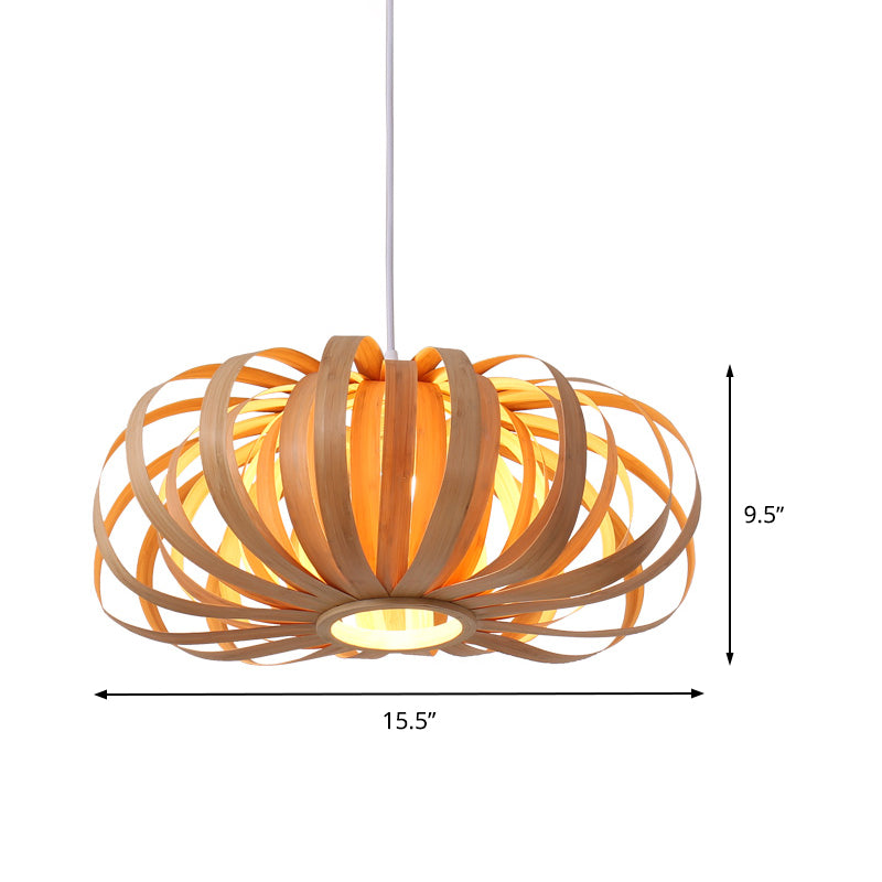 Chinese Style 1-Light Wood Pendant For Restaurants - Beige Pumpkin Hanging Fixture