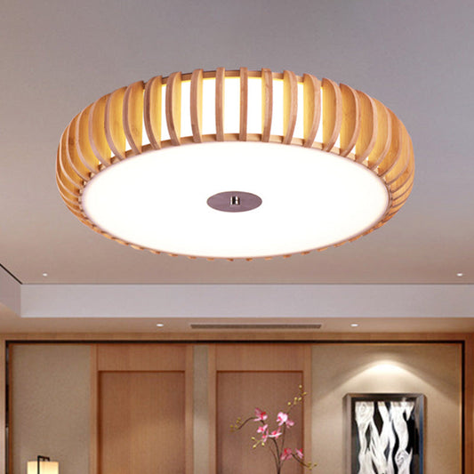 Japanese Wood Ceiling Lamp - Beige, Round Flush Mount, 3 Heads - for Living Room