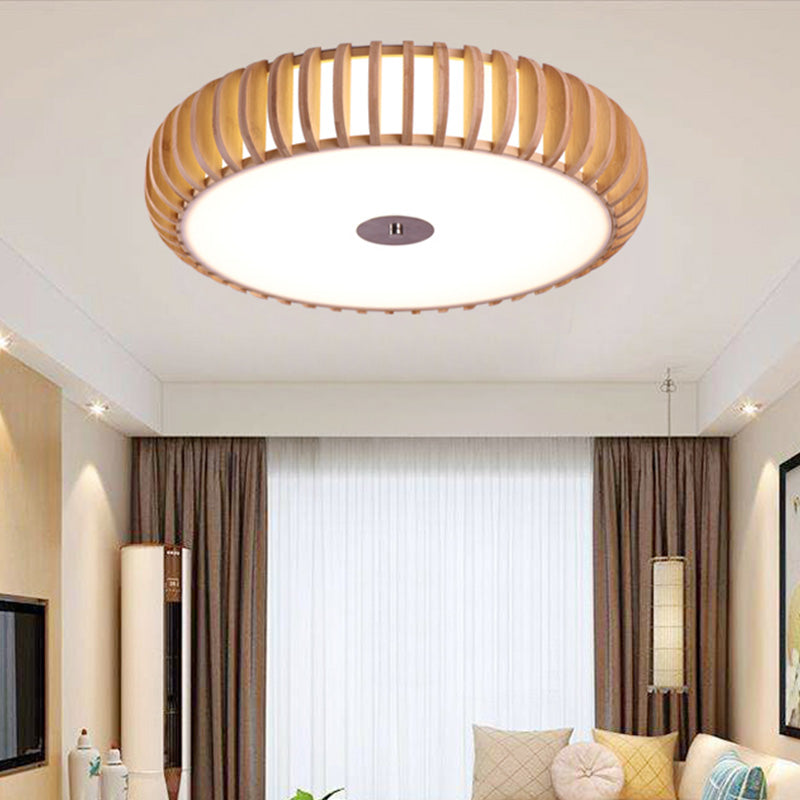 Japanese Wood Ceiling Lamp - Beige, Round Flush Mount, 3 Heads - for Living Room