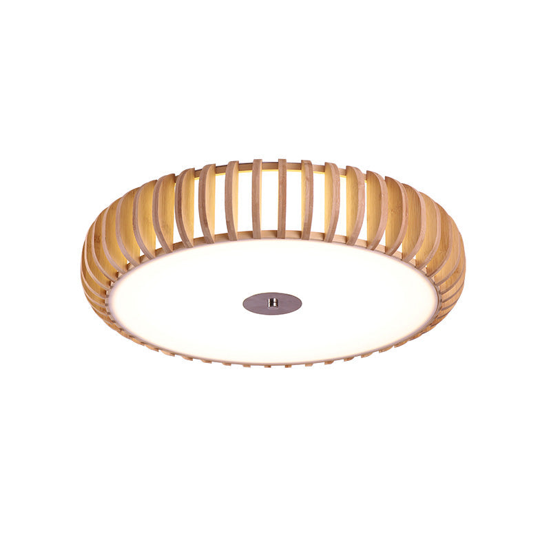 Japanese Wood Ceiling Lamp - Beige, Round Flush Mount, 3 Heads - for Living Room
