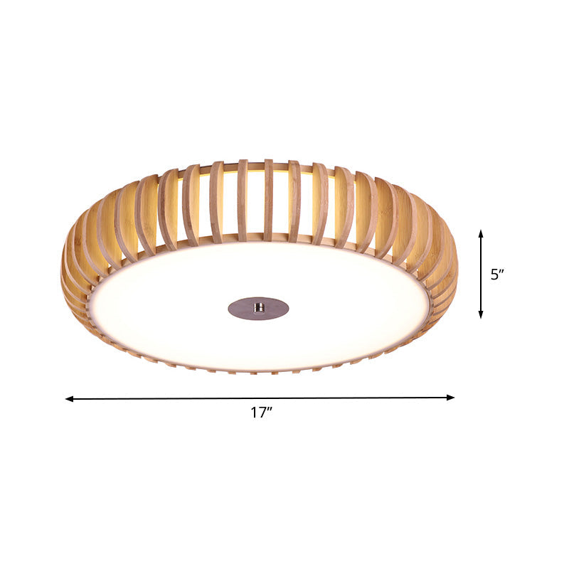 Japanese Wood Ceiling Lamp - Beige, Round Flush Mount, 3 Heads - for Living Room
