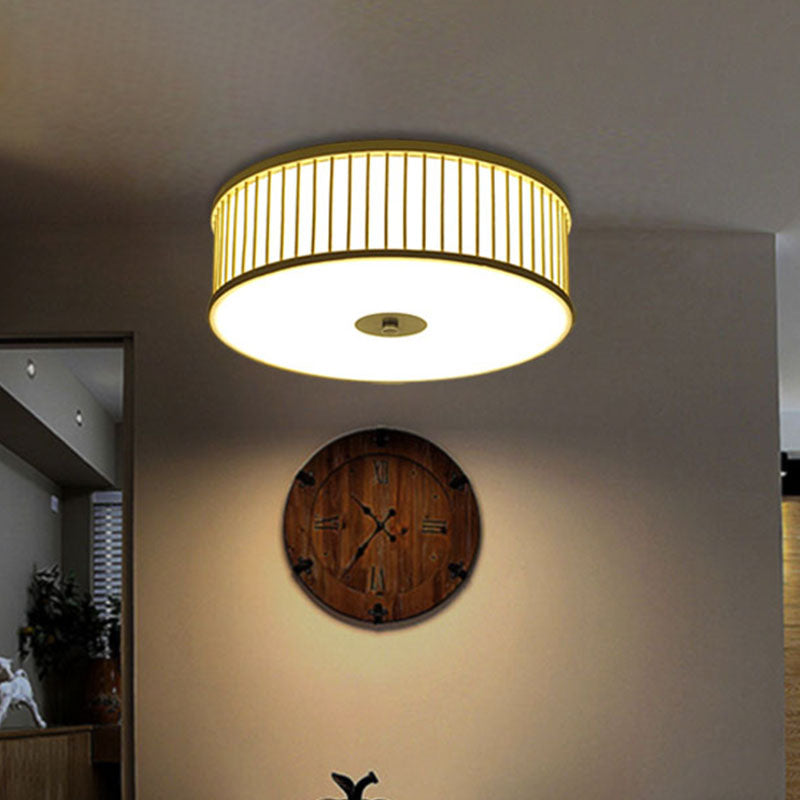 Japanese Bamboo Beige LED Cylinder Flush Mount Ceiling Light for Dining Room