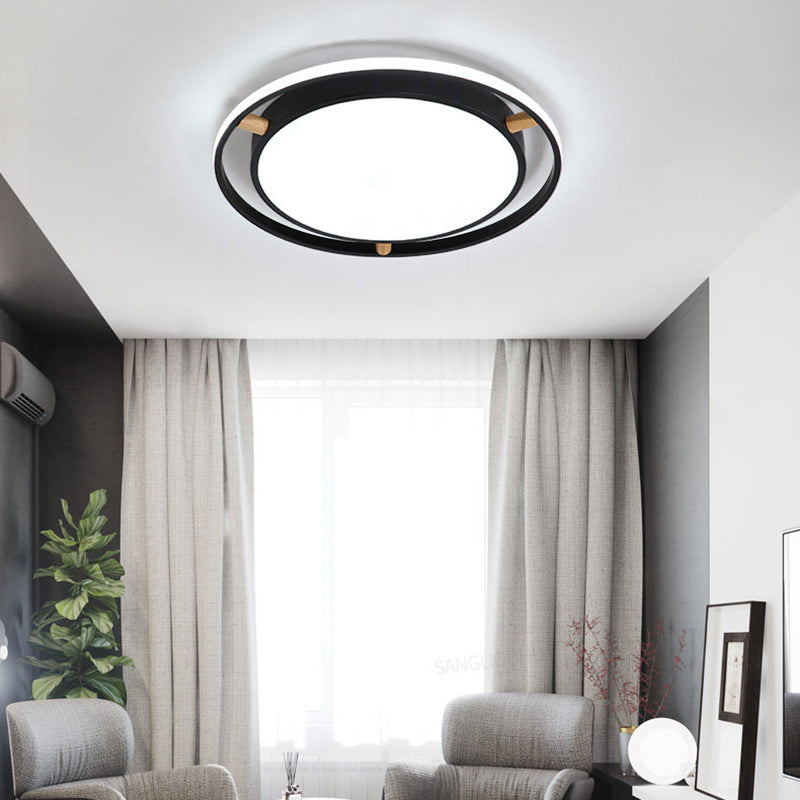 Nordic Dual Circle LED Ceiling Flush Light with Wood Arm - White/Green/Grey, Thin Flushmount Lighting - 16"/19.5"/23.5" W