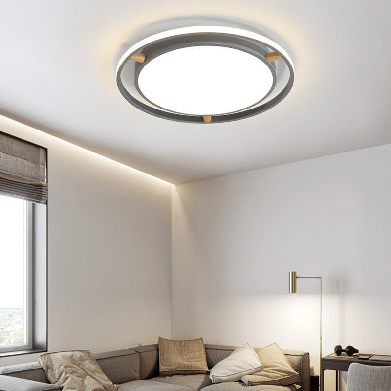 Nordic Dual Circle LED Ceiling Flush Light with Wood Arm - White/Green/Grey, Thin Flushmount Lighting - 16"/19.5"/23.5" W