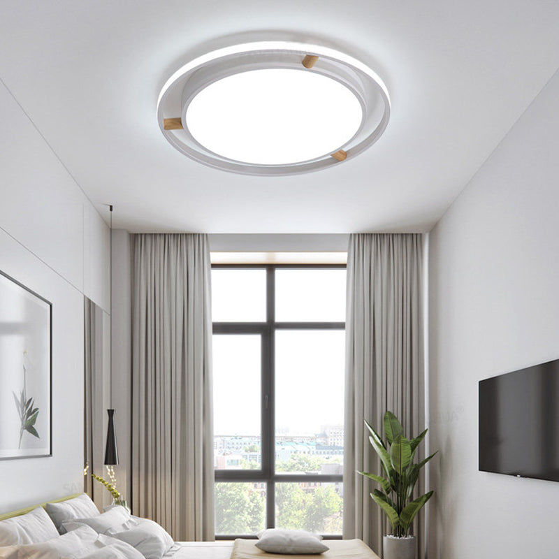 Nordic Dual Circle LED Ceiling Flush Light with Wood Arm - White/Green/Grey, Thin Flushmount Lighting - 16"/19.5"/23.5" W