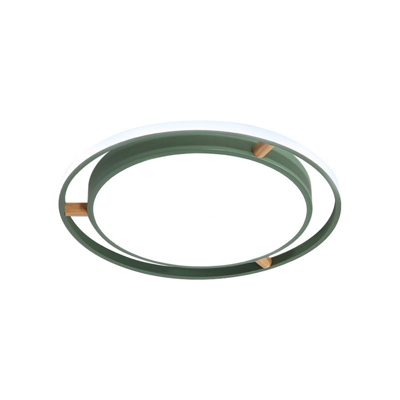 Nordic Dual Circle LED Ceiling Flush Light with Wood Arm - White/Green/Grey, Thin Flushmount Lighting - 16"/19.5"/23.5" W