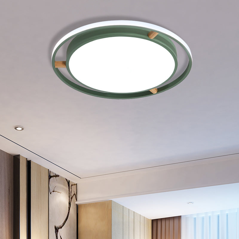 Nordic Dual Circle LED Ceiling Flush Light with Wood Arm - White/Green/Grey, Thin Flushmount Lighting - 16"/19.5"/23.5" W