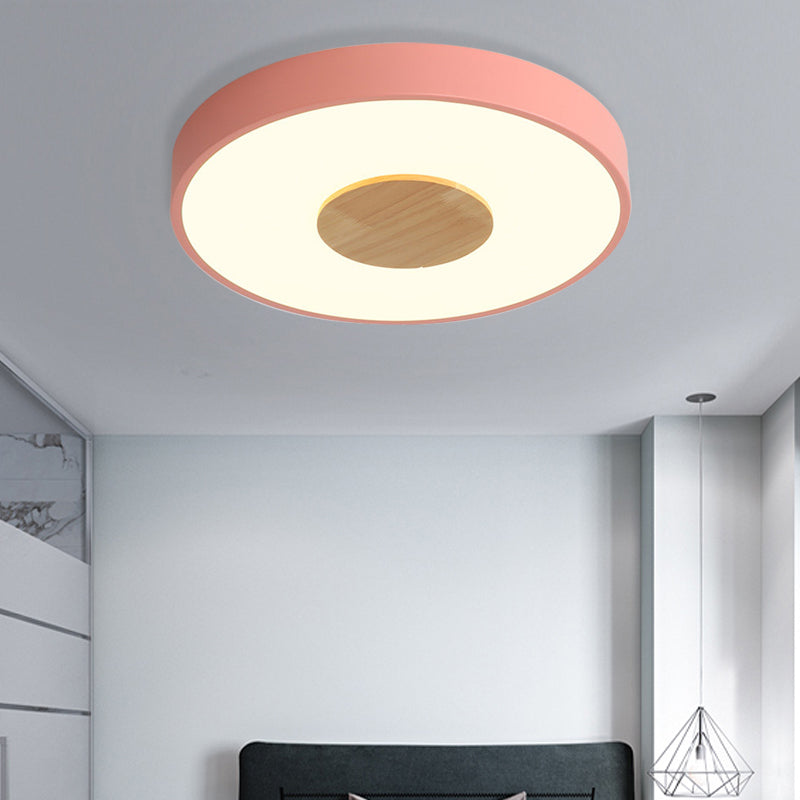 Nordic Iron Round Flush Mount Ceiling Light - 1 Head Pink/Blue/White Lighting Fixture for Bedroom - 12"/16"/19.5" Width