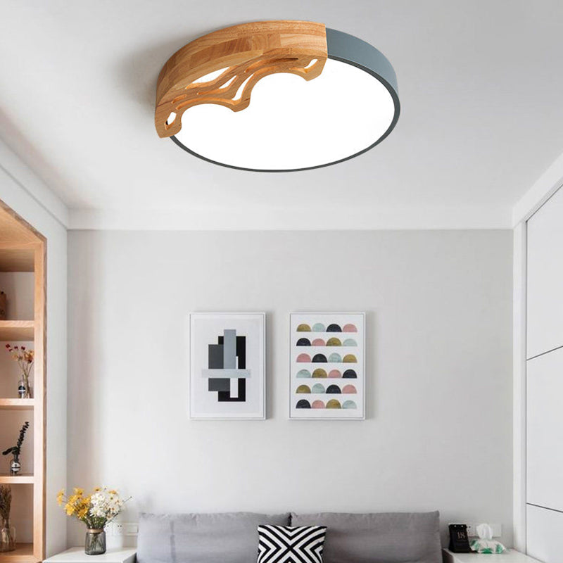 Plafonnier LED nordique - Plafonnier rond fin en acrylique avec motif bois ondulé, éclairage blanc/gris/vert, variateur d'intensité à distance