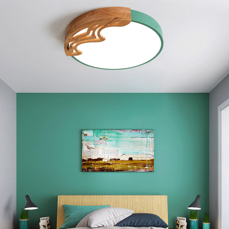 Plafonnier LED nordique - Plafonnier rond fin en acrylique avec motif bois ondulé, éclairage blanc/gris/vert, variateur d'intensité à distance