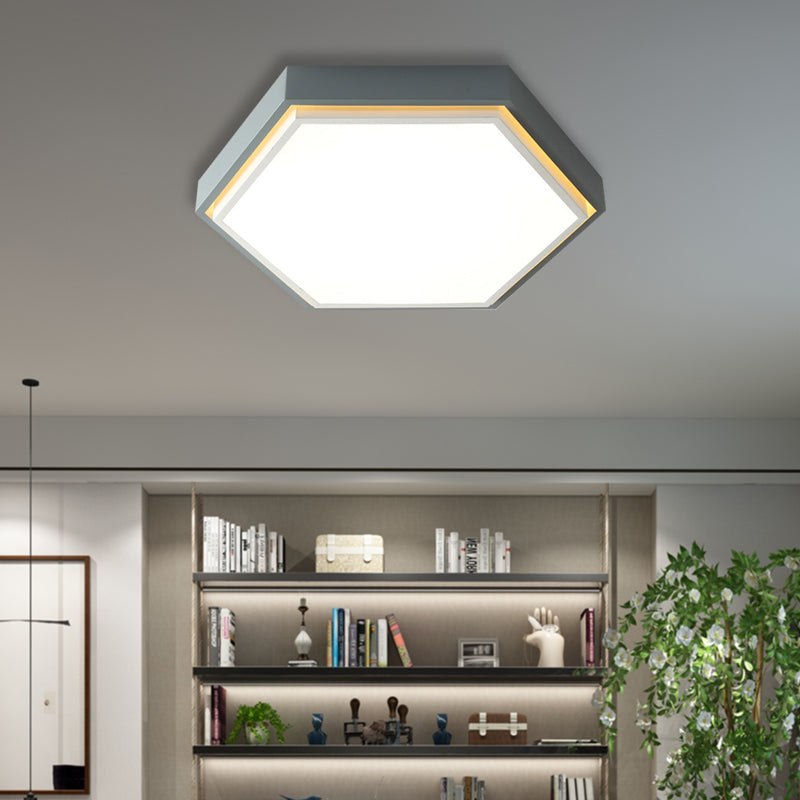 Plafonnier LED en métal à encastrer Nordic Hexagon - Noir/Vert/Gris/Blanc, 16"/19,5" de large, abat-jour en acrylique givré