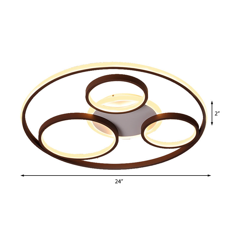 Minimalist Metal LED Flush Mount Ceiling Light in Brown with Multi Ring Design, Warm/White Light, Multiple Width Options