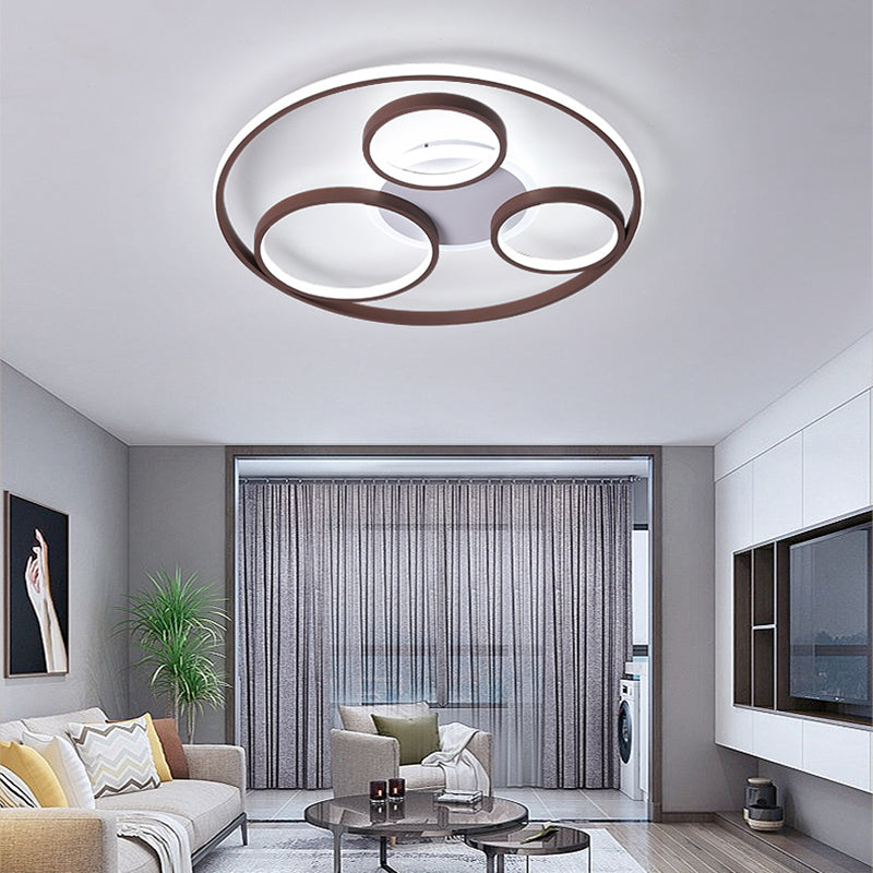 Minimalist Metal LED Flush Mount Ceiling Light in Brown with Multi Ring Design, Warm/White Light, Multiple Width Options