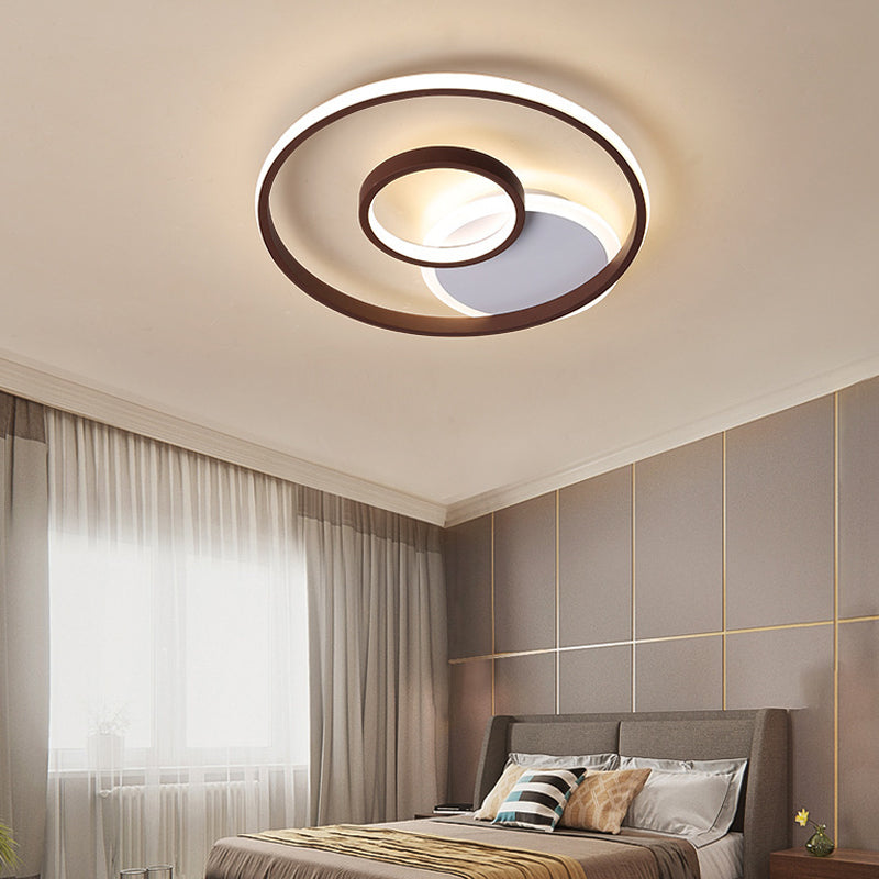 Minimalist Metal LED Flush Mount Ceiling Light in Brown with Multi Ring Design, Warm/White Light, Multiple Width Options