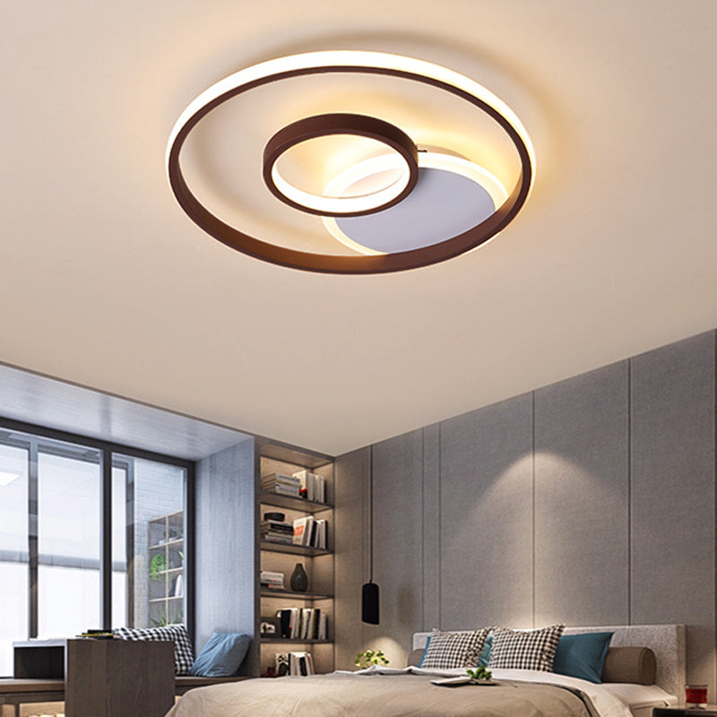 Minimalist Metal LED Flush Mount Ceiling Light in Brown with Multi Ring Design, Warm/White Light, Multiple Width Options