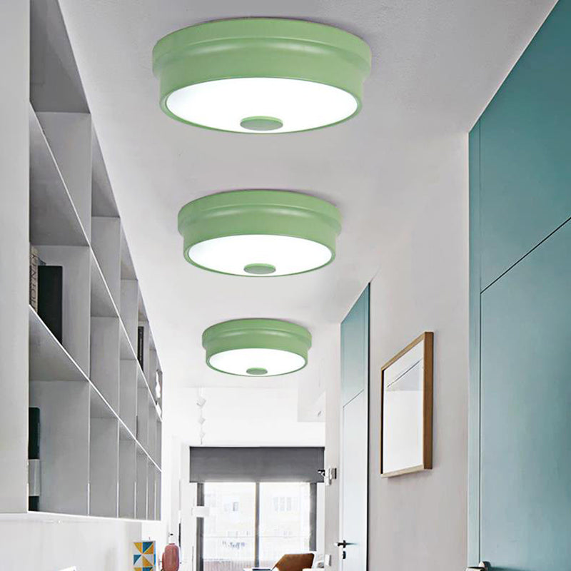 Macaron Drum Ceiling Flush Light in Metal with LED, Ideal for Kids Room, Available in Various Colors with Frosted Glass Diffuser
