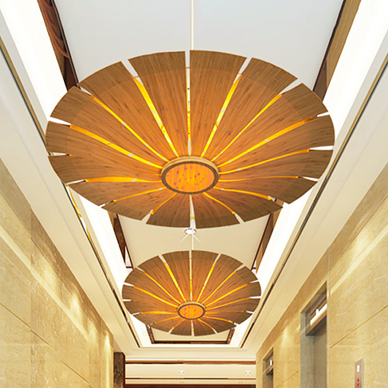 Beige Asian Wood Flying Saucer Ceiling Lamp - 19.5/27.5 Wide 1 Bulb Pendant Lighting Fixture / 19.5