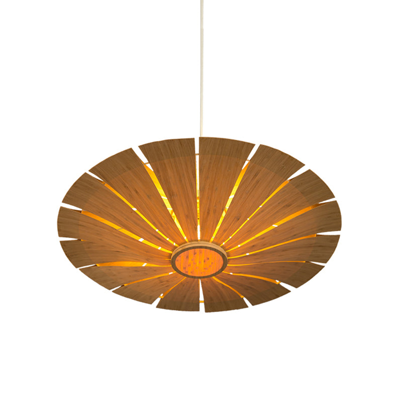 Beige Asian Wood Flying Saucer Ceiling Lamp - 19.5/27.5 Wide 1 Bulb Pendant Lighting Fixture