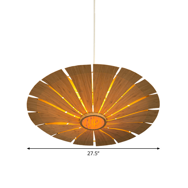 Beige Asian Wood Flying Saucer Ceiling Lamp - 19.5/27.5 Wide 1 Bulb Pendant Lighting Fixture